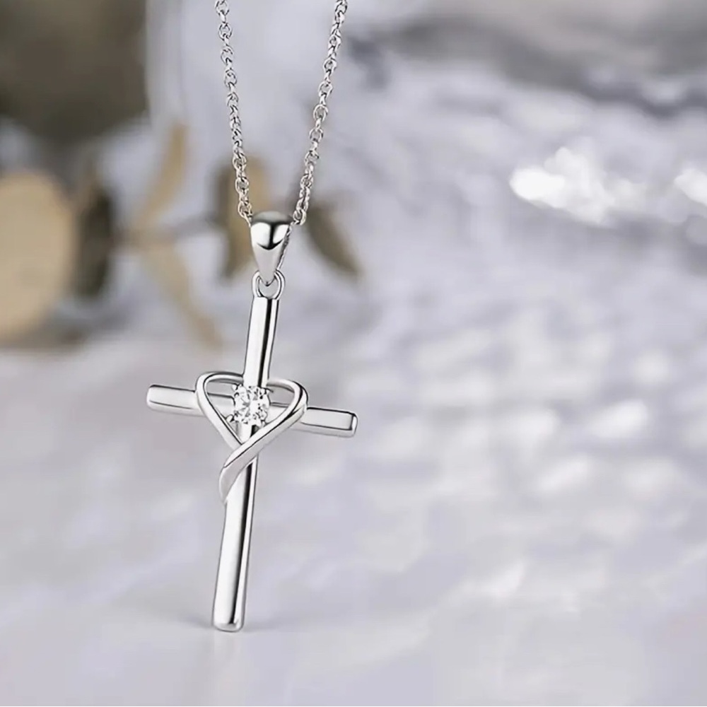 NEW Elegant Silver Cross Necklace with Heart Accent